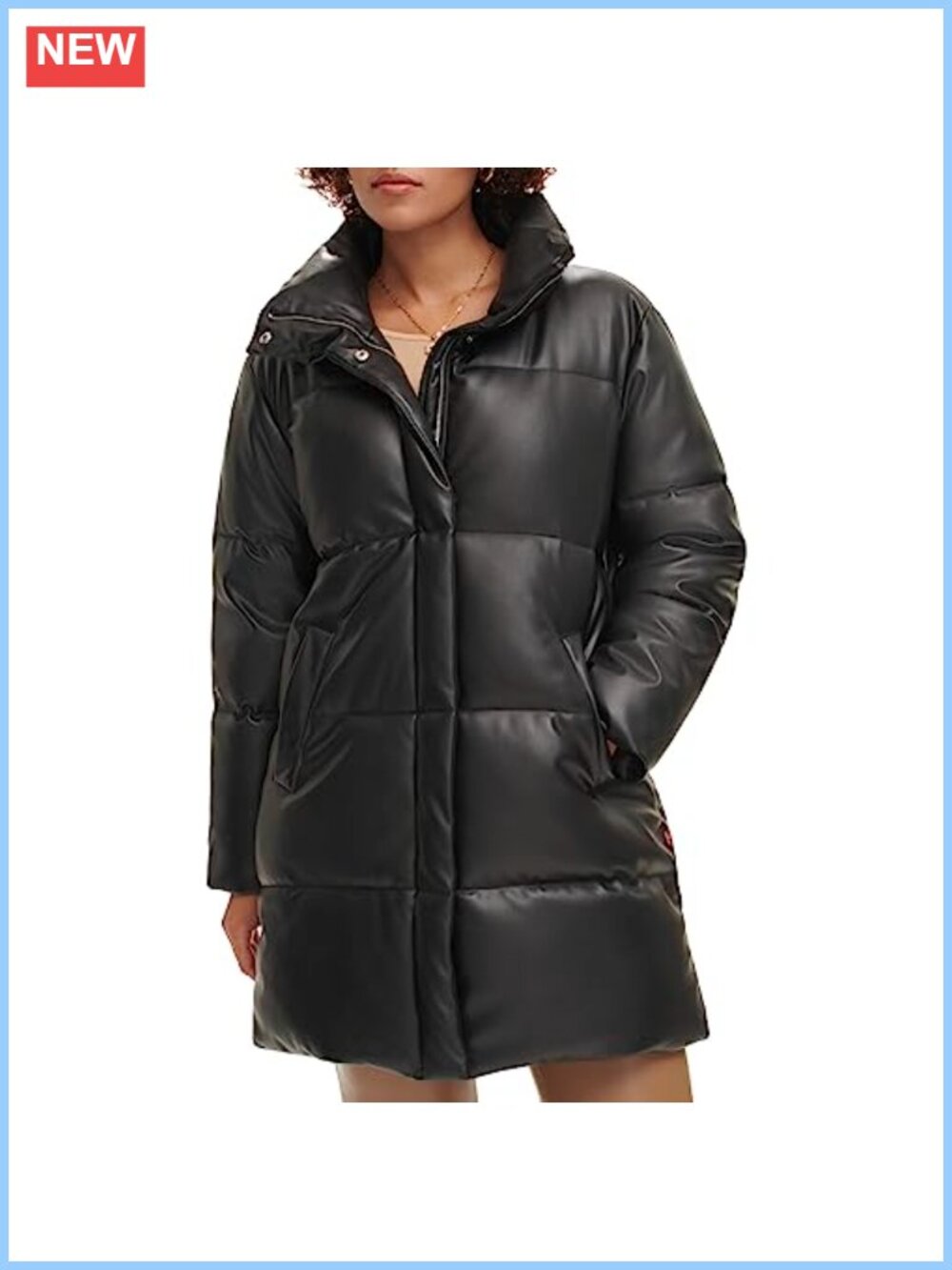 Faux Leather Mid-length Puffer Coat Quilted Vegan Winter Jacket